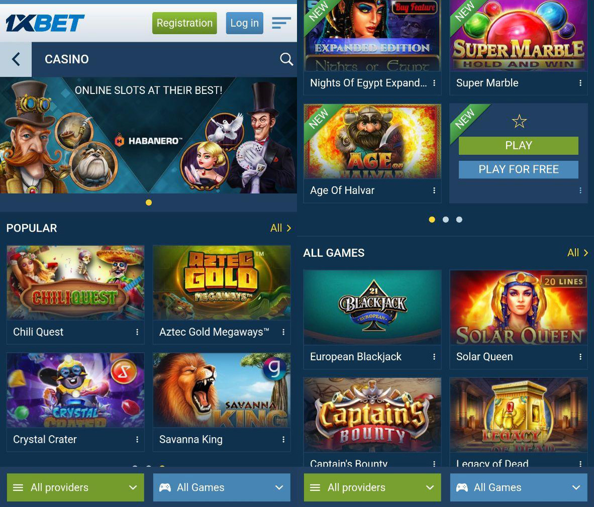 Mobile version of online 1xBet Casino.