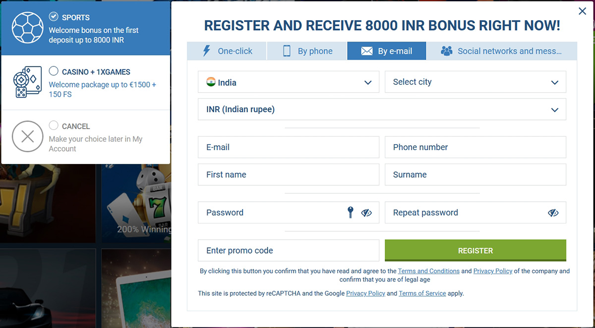 Registration on 1xBet site by e-mail.